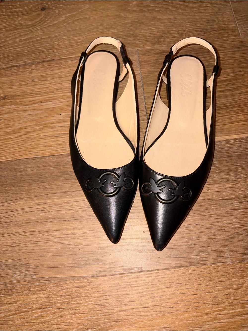 Black Pointed Slingback Flats with Decorative Logo Accent